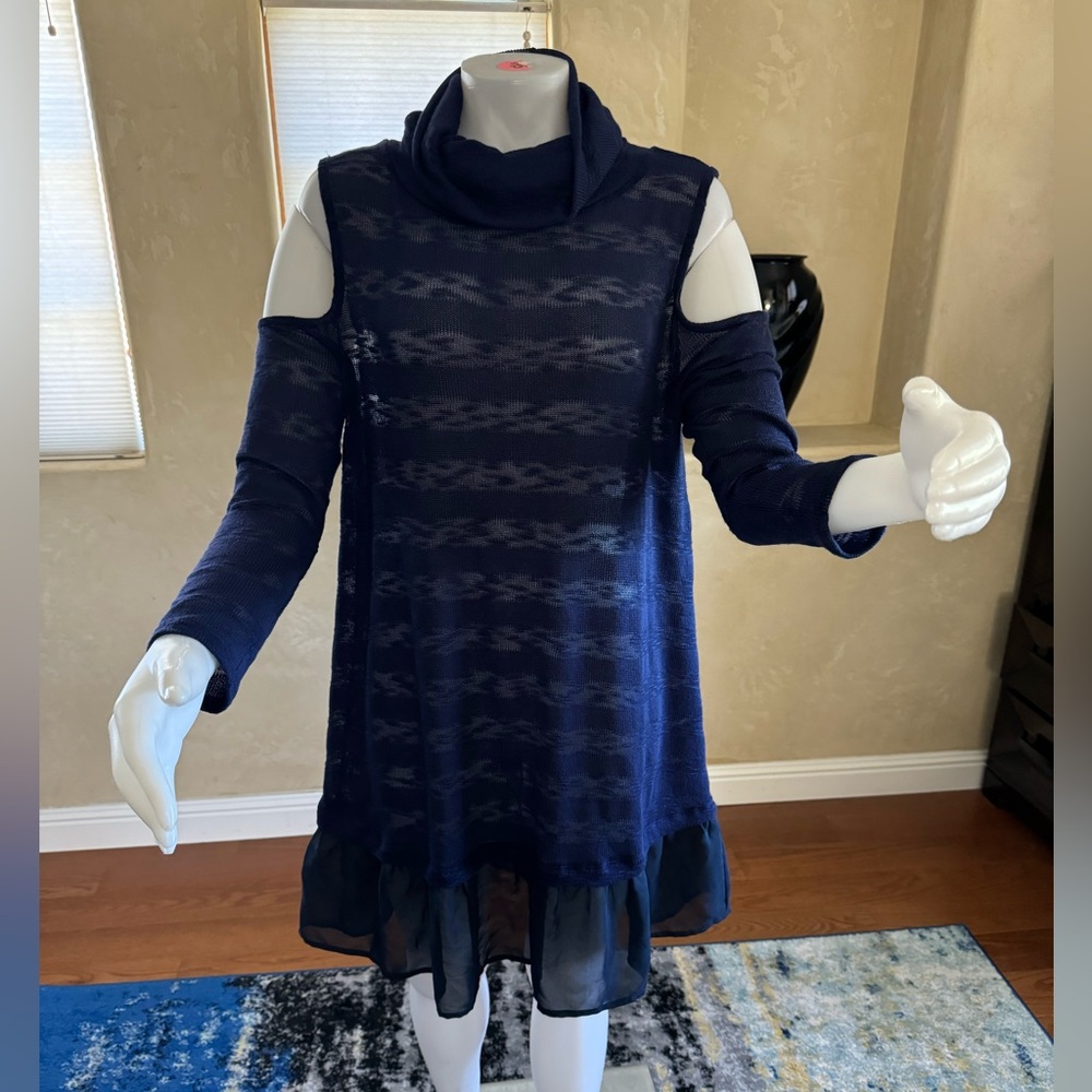 Goldspark Blue Cold Shoulder Ruffle Hem Sweater Dress sz S/M